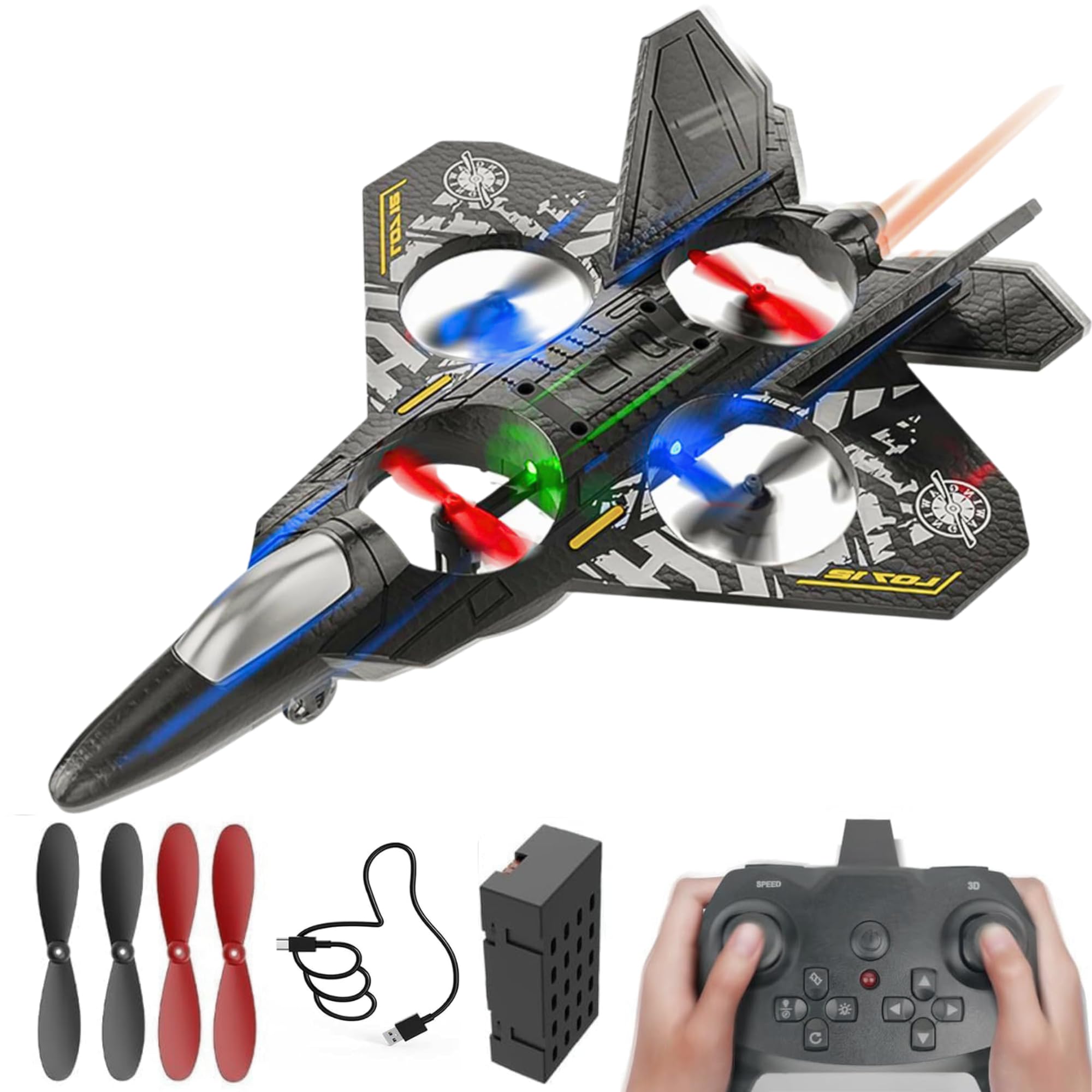 RC Aeroplane 2.4GHz Remote Controlled, RC Plane with Night Light, Quadcopter Floating Fighter Plane R.C Aeroplane RTF for Beginners, APlane Toy with Coloured Lights USB Charging Children Adults (Grey)
