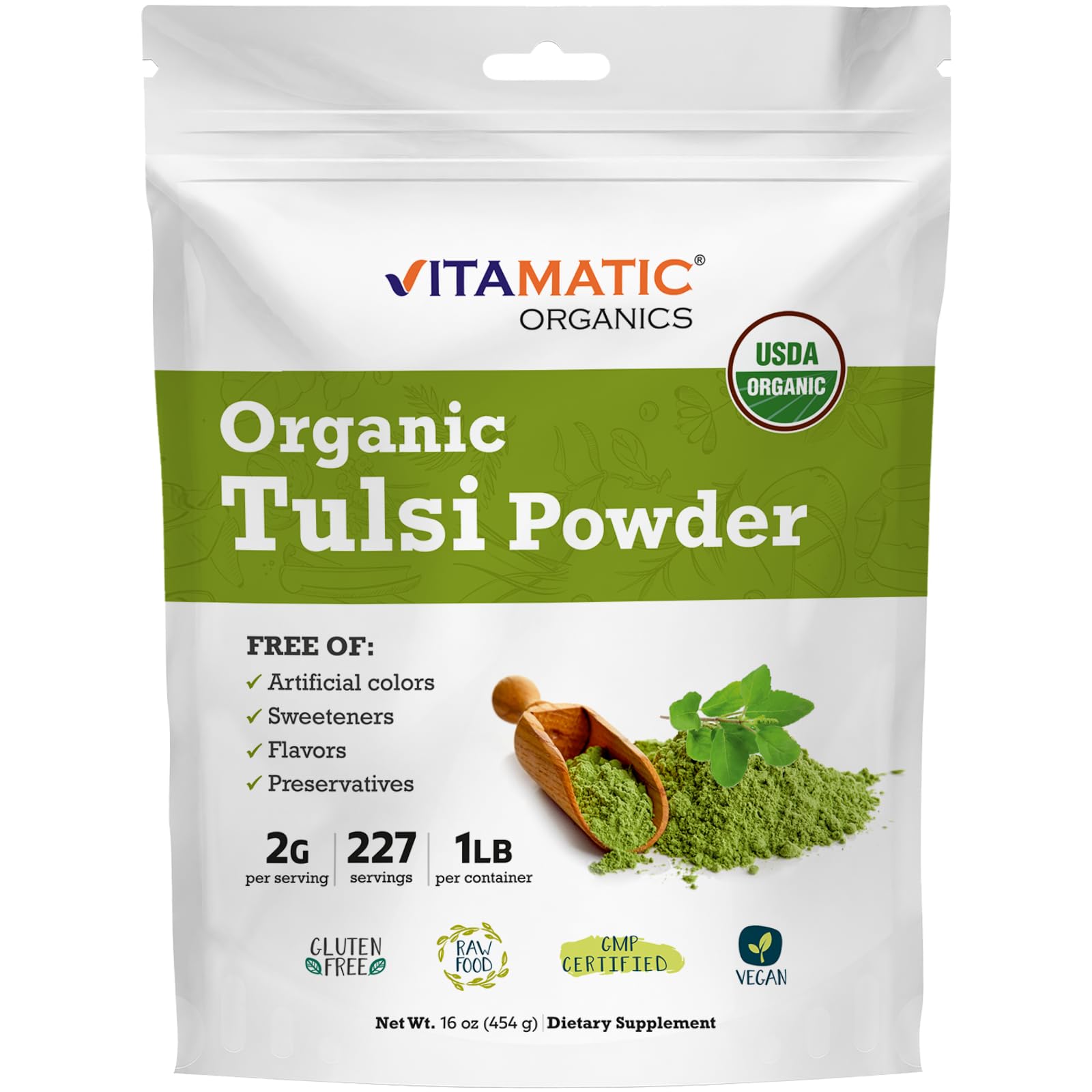 Vitamatic Certified USDA Organic Tulsi (Holy Basil) Powder – 1 Pound (16 Ounces) – Adaptogenic Herb for Stress, Immunity & Overall Wellness