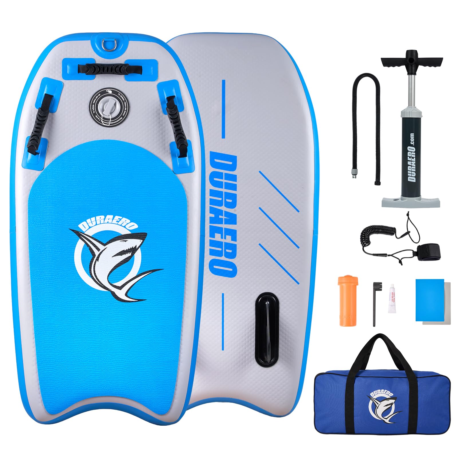 Bodyboard hinchable 105 x 53 x 10 cm, 3 asas para un mejor control, 2 aletas laterales para mayor estabilidad, superficie antideslizante EVA, incluye correa de seguridad, bomba y bolsa de transporte