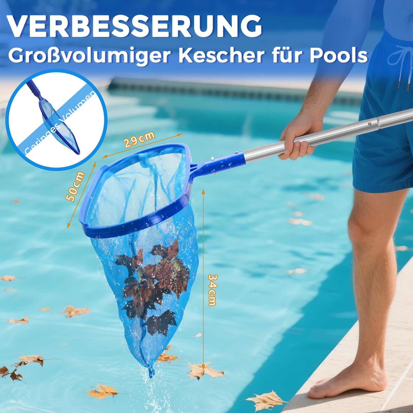 140cm Pool-Reinigungsset, Schwimmbecken-Saugreiniger mit 5-teiligem Teleskopstab, Pool-Pflegeset inklusive Reinigungsnetz, Teichsauger mit großvolumigem Skimmernetz Schmutzbeseitigung