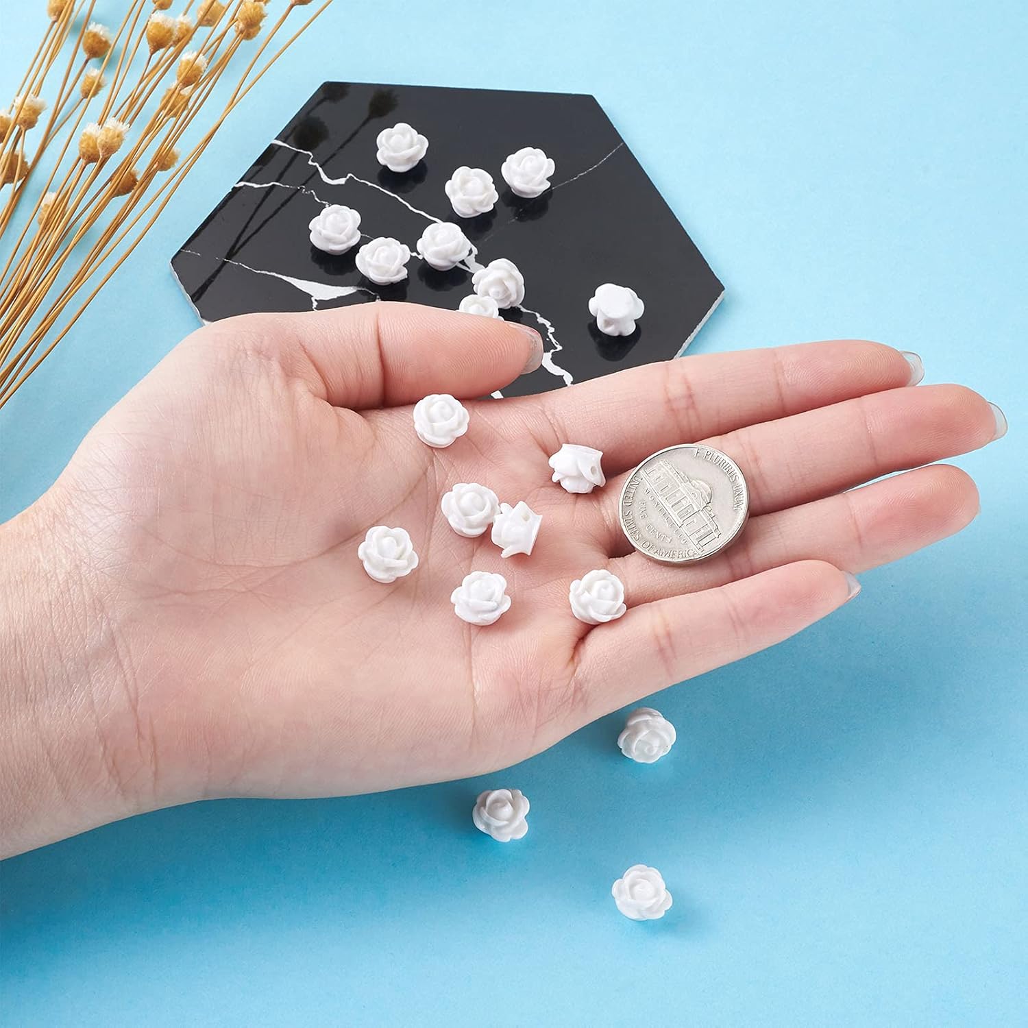 Beadthoven 20pcs Opaque Resin Rose Flower Beads White Floral Flat Base Cabochons Embellishment for DIY Scrapbooking Jewelry Making 9x7mm Hole: 1mm - Image 4