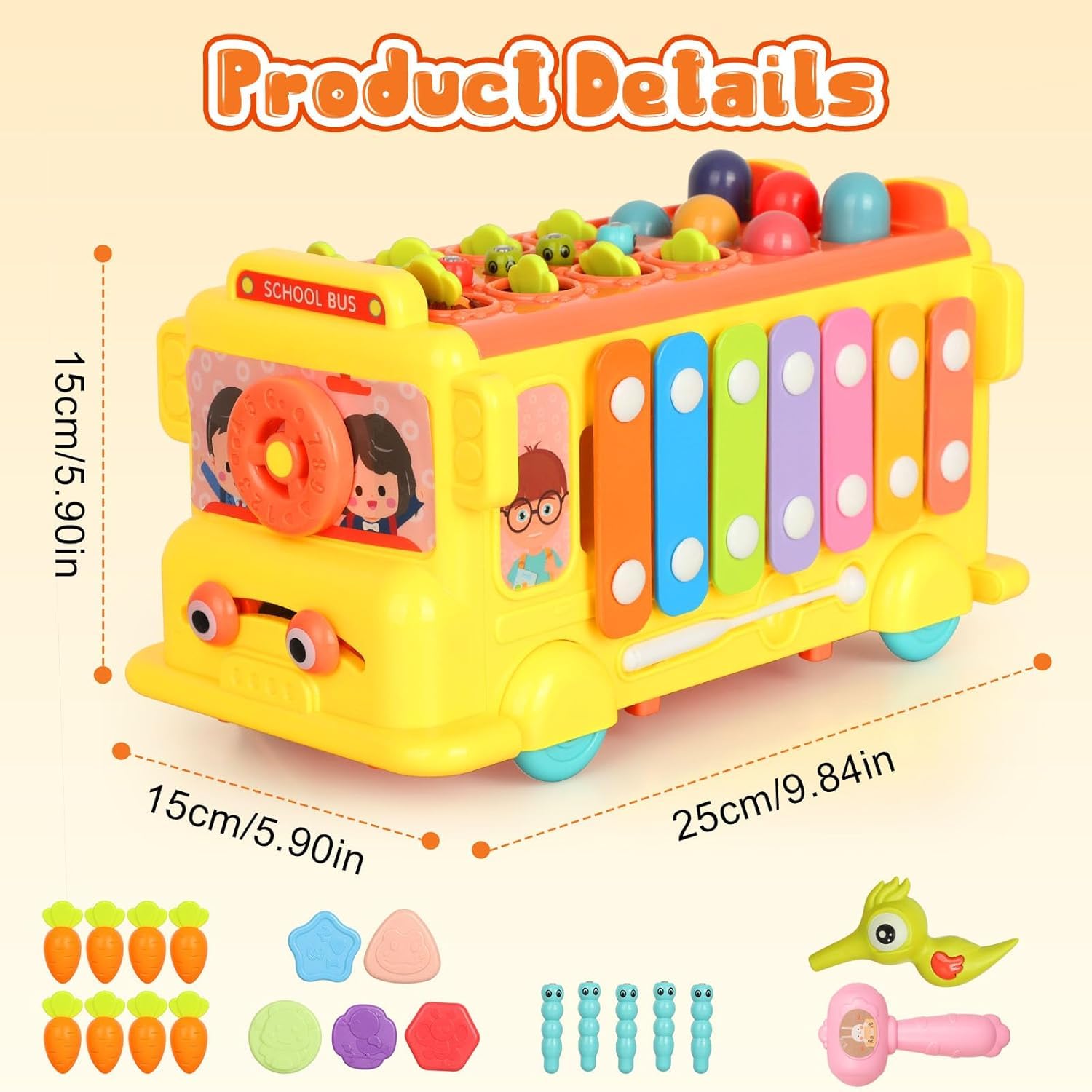 Magicwand® Intelectual Montessori Musical Carrot Harvest,Fishing Shape Sorter Educational School Bus【with 9 Functions】 for Toddlers【Pack of 1 Bus】【Multi-Colored】 - Image 6 thumbnail