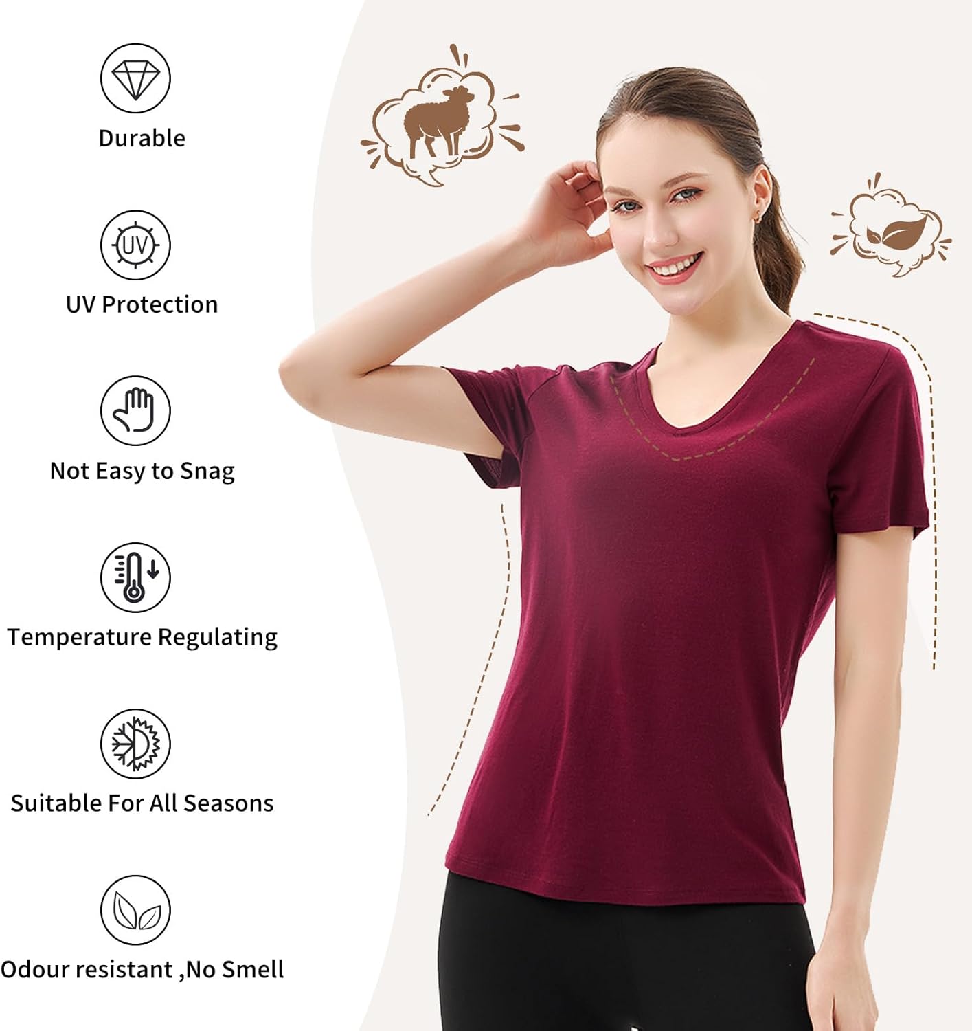 Merino Protect 100% Merino Wool V Neck T-Shirt for Women Short Sleeve Base Layers Odor Resistance Tops for Outdoor Hiking - Image 3