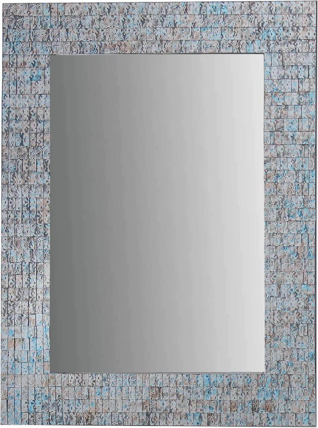 Zorigs Handcrafted Mosaic Wall Mirror - Silver Blue Tan Rectangular 32x24" Decorative Art for Bedroom Living Room Bathroom Hallway