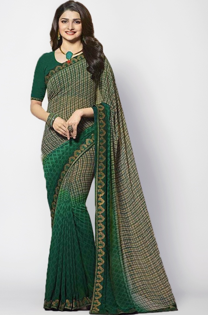 RAJESHWAR FASHION WITH RF Women's Checkered Printed Georgette Fancy Sarees For Festival Jacquard Lace Border Work With Banglori Silk Unstitched Blouse Piece(6.30 Mtr)