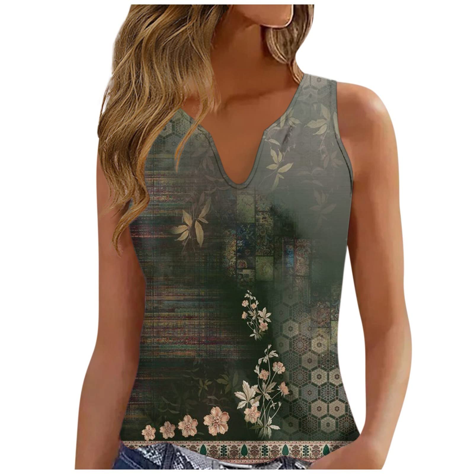 Tank Top for Women Off The Shoulder Shirts for Women V-Neck Vest Loose Vintage Print Sleeveless T-Shirt Camisole