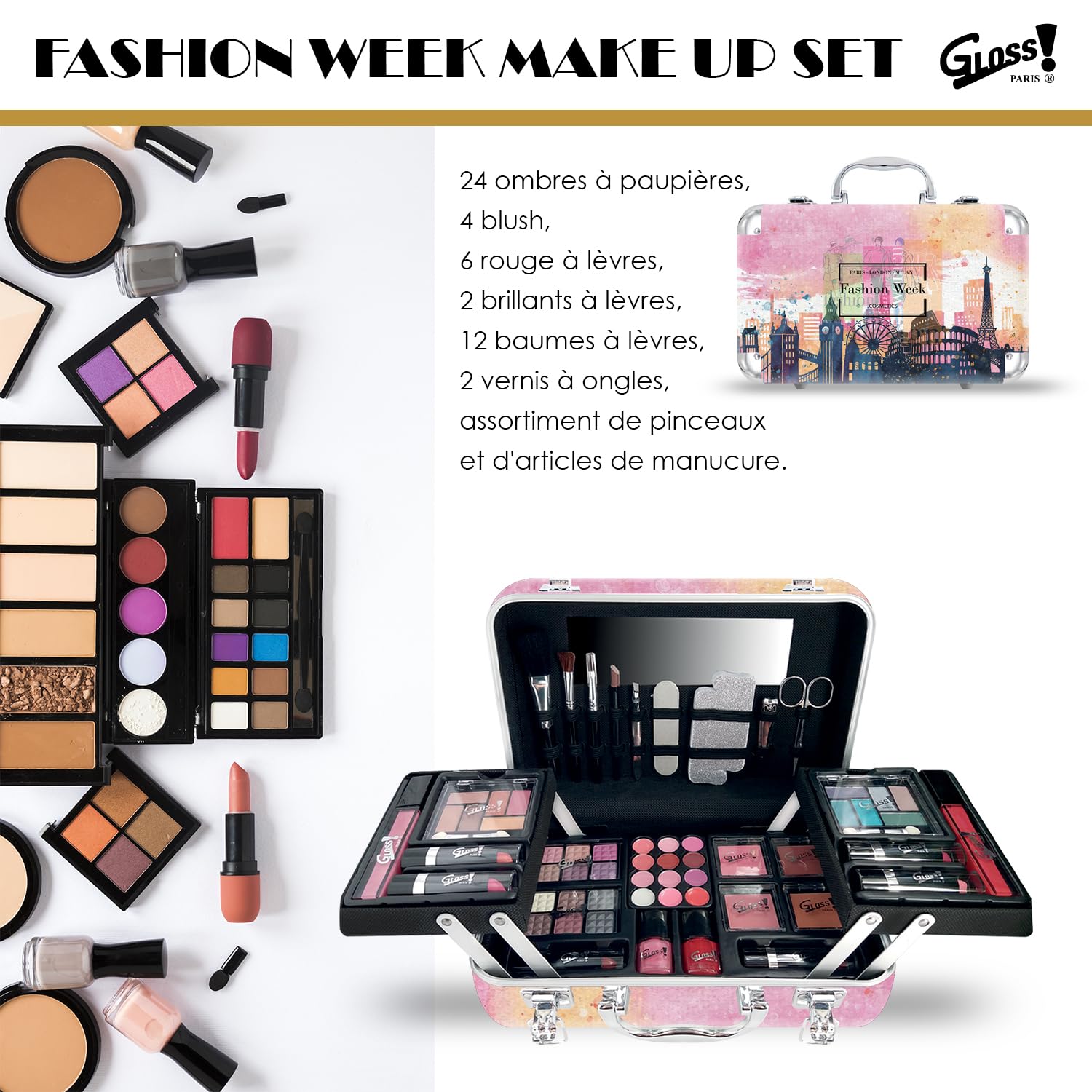 GLOSS! Pomysł na pudełko kosmetyczne dla kobiet | pudełko prezentowe dla kobiet | prezenty świąteczne | Paris XL paleta do makijażu dla kobiet | 60 sztuk: róż, cień do powiek, szminka, lakier do