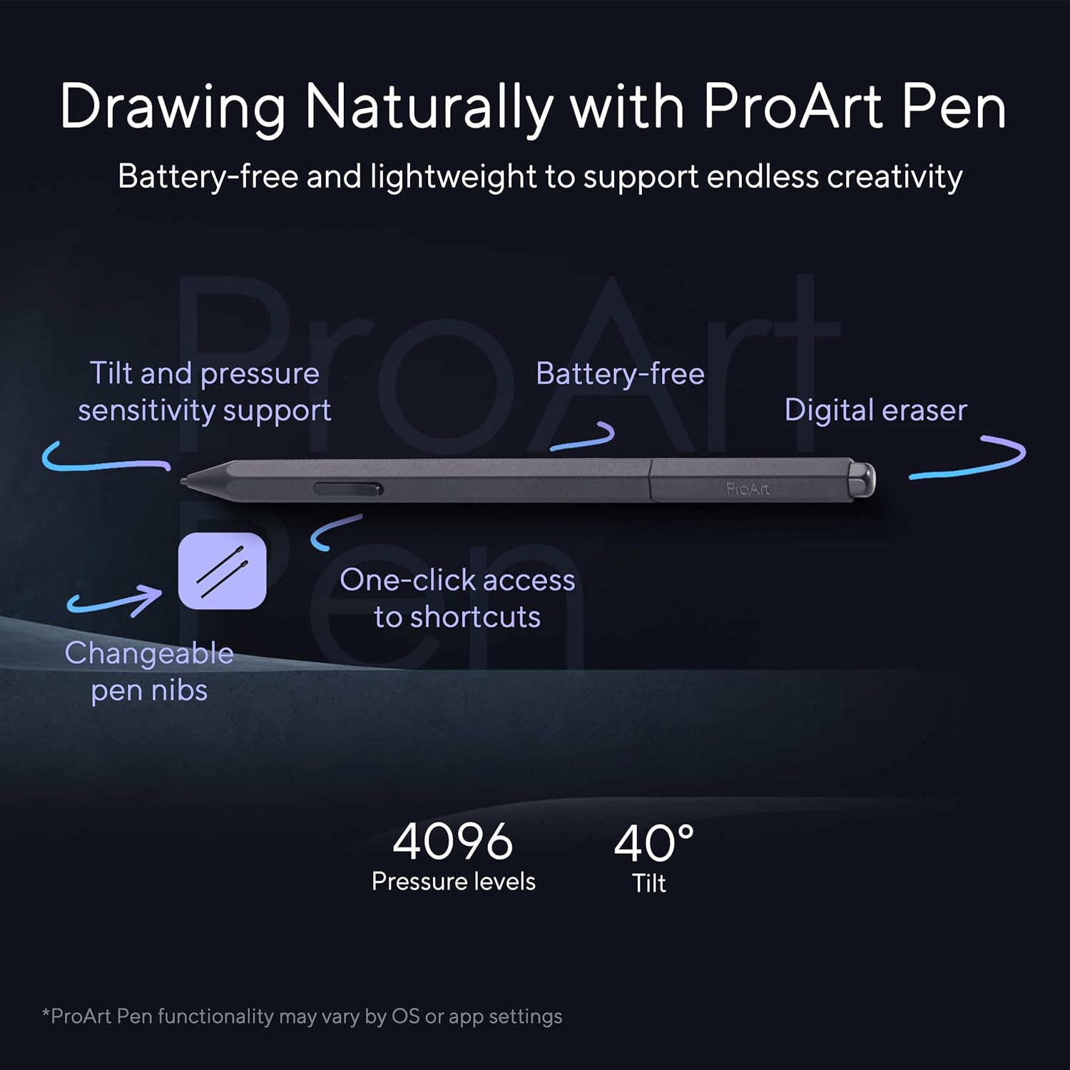 ASUS ProArt Pen (MPA01) - WACOM EMR Technology, Lightweight, Battery-Free, 4096-level Pressure Sensitivity, 40 Degrees tilt, Digital Eraser, Shortcut Key, Changeable Pen nibs