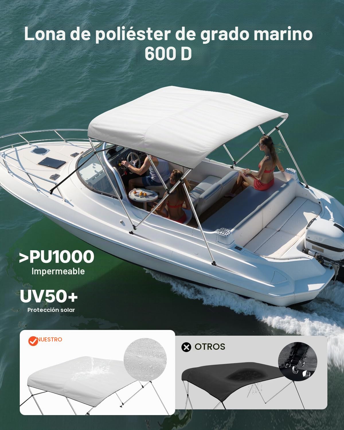 VEVOR Toldo Bimini para Barco de 3 Arcos, Poliéster 600D con Estructura de Aleación de Aluminio, Impermeable, Protección Solar, con Bolsa de Almacenamiento, 182 x 199-213 x 117 cm, Gris Claro