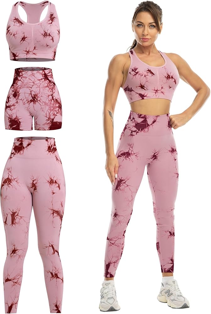 3 Piece Workout Sets for Women Butt Lifting Leggings with High Impact Sports Bra Gym Shorts