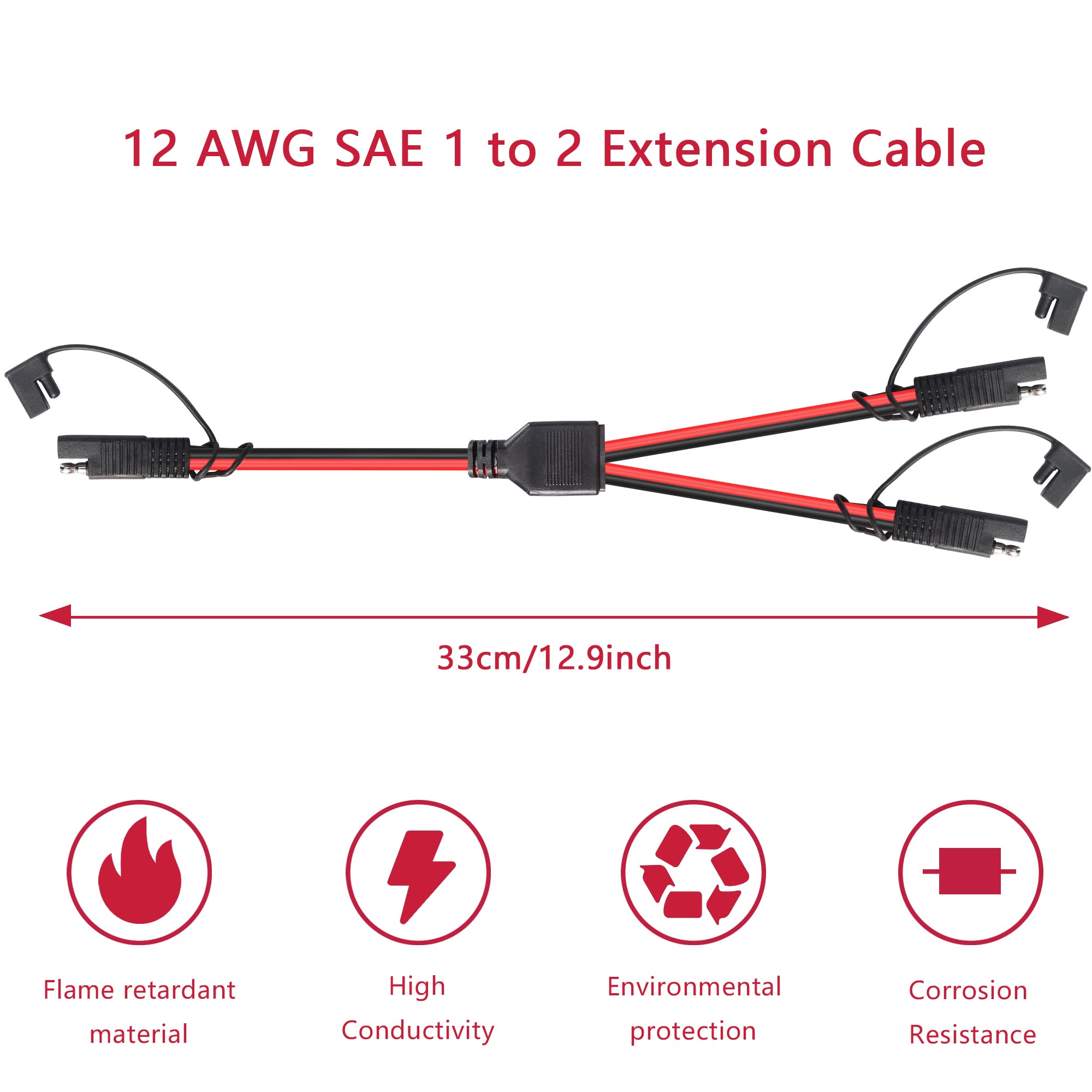 zdyCGTime Spina SAE 18AWG per pannello solare,cavo di prolunga per connettore a spina singola SAE 12V a 2 pin con cappuccio Antipolvere,Adatto per Motocicli,Automobili,Trattori, ecc.(2Pack-30cm