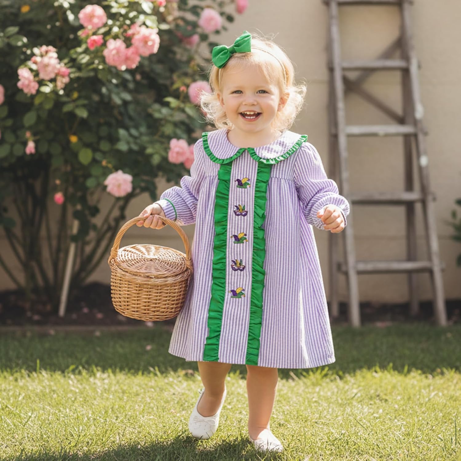 Toddler Baby Girl Mardi Gras Outfit Smocked Dress Stripe Ruffle Dresses Little Girls Carnival Clothes - Image 3