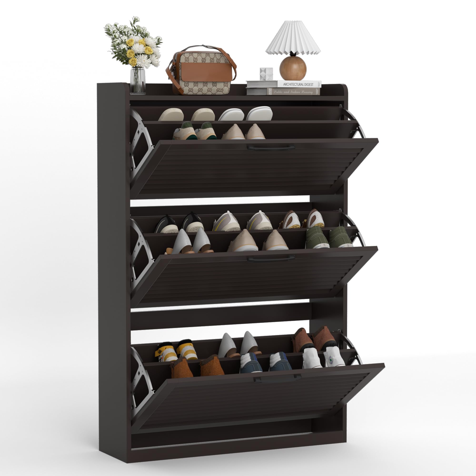 BonVache Scarpiera stretta, con porta lamellare, scarpiera con 3 alette, scarpiera con 6 ripiani regolabili, in legno per corridoio, 80 x 24 x 120 cm, marrone caffè