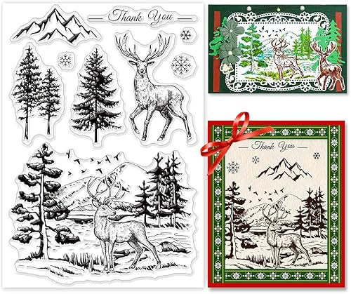 INFUNLY Sello de silicona transparente con diseño de ciervos y bosques de Navidad, diseño de copo de nieve, árbol de montaña, sello de fondo de