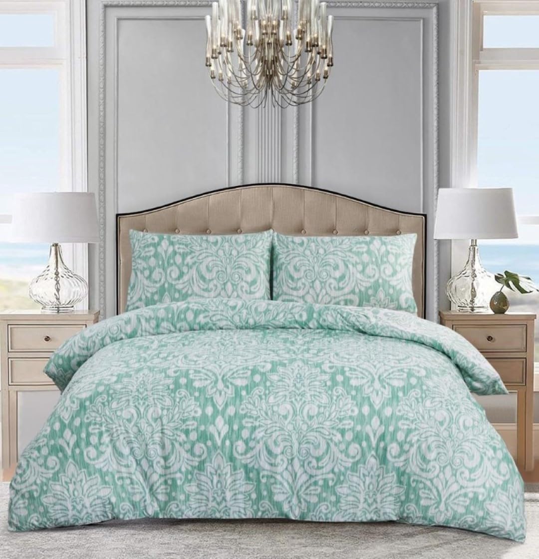 3-Piece Royal Damask Green Duvet Cover Set Single 135 x 200 cm - Hotel Quality Soft Microfiber Quilt Cover with Fitted Sheet for Bedroom - Printed Bedding Set with 1 Pillow Sham โ image 1