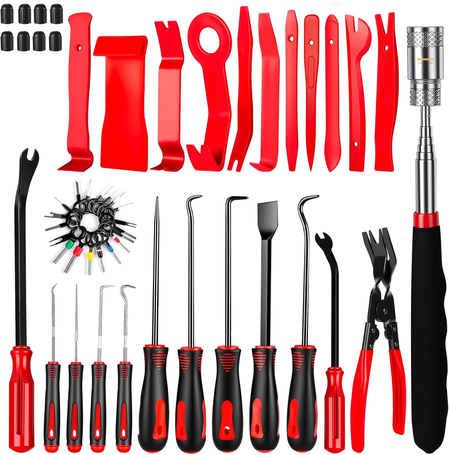 50Pcs Car Trim Disassembly Tool Set, Anti-Scratch Nylon Pry Bars, Terminal Extractor, Clip Pliers & Valve Stem Dust Caps for Removing Dashboards, Door Clips and Car Interior Seat-Red