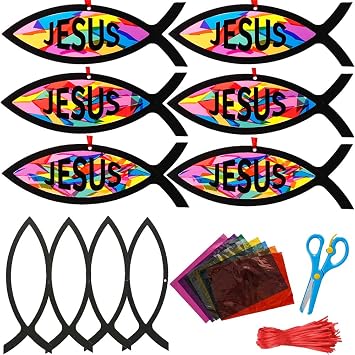 Lanxitown 24 Sets DIY Christian Jesus Fish Craft Kit Christian Crafts for Kids Window Art Kit Stained Glass Kit Suncatcher Kits for Kids Sunday School Crafts VBS Crafts