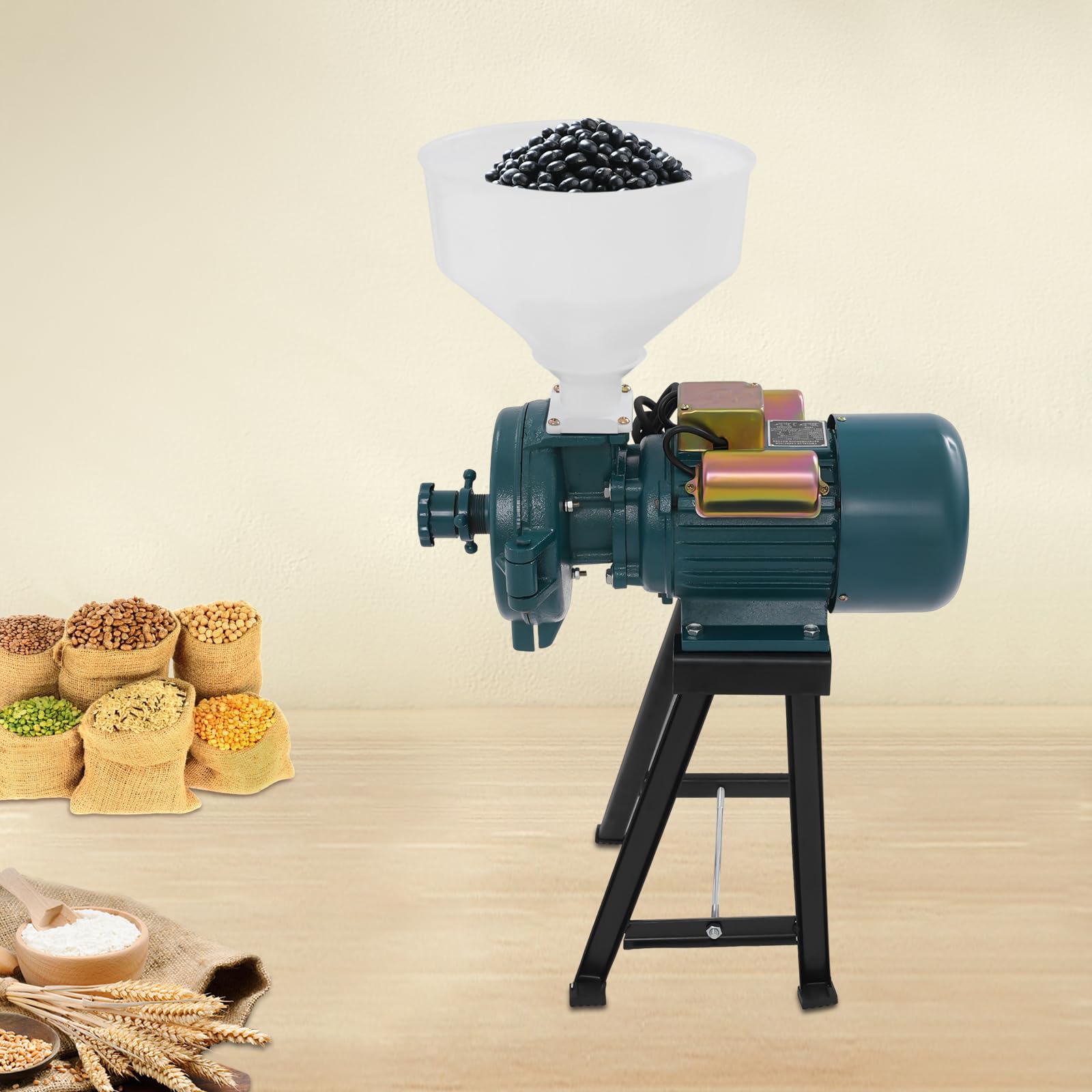 Elektryczny młynek do zbóż, 2200 W, 1400 obr./min, 40-60 Mesh, żeliwo, stal, zielony, 60-75 kg/h, mielenie na sucho, kukurydza, ryż, kawa, przyprawy, młynek do mielenia z lejkiem