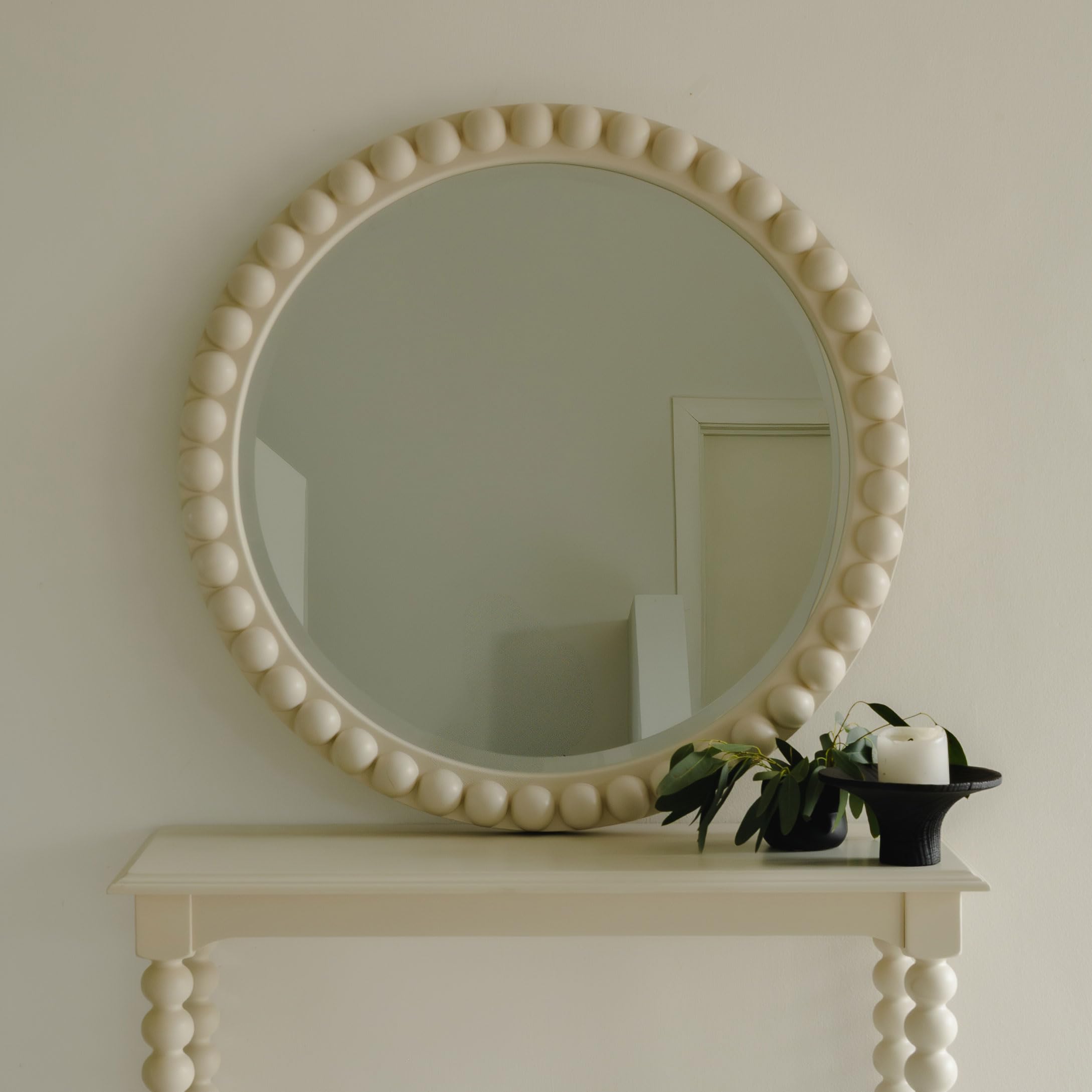 Statement Furniture Cromwell Round Wall Mirror, 77 cm | Wooden Frame with Bobbin Design | Large Green or Cream Mirror (Linen)