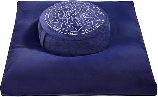 Blue zafu and zabuton meditation cushion set for supported cross-legged sitting when legs go numb
