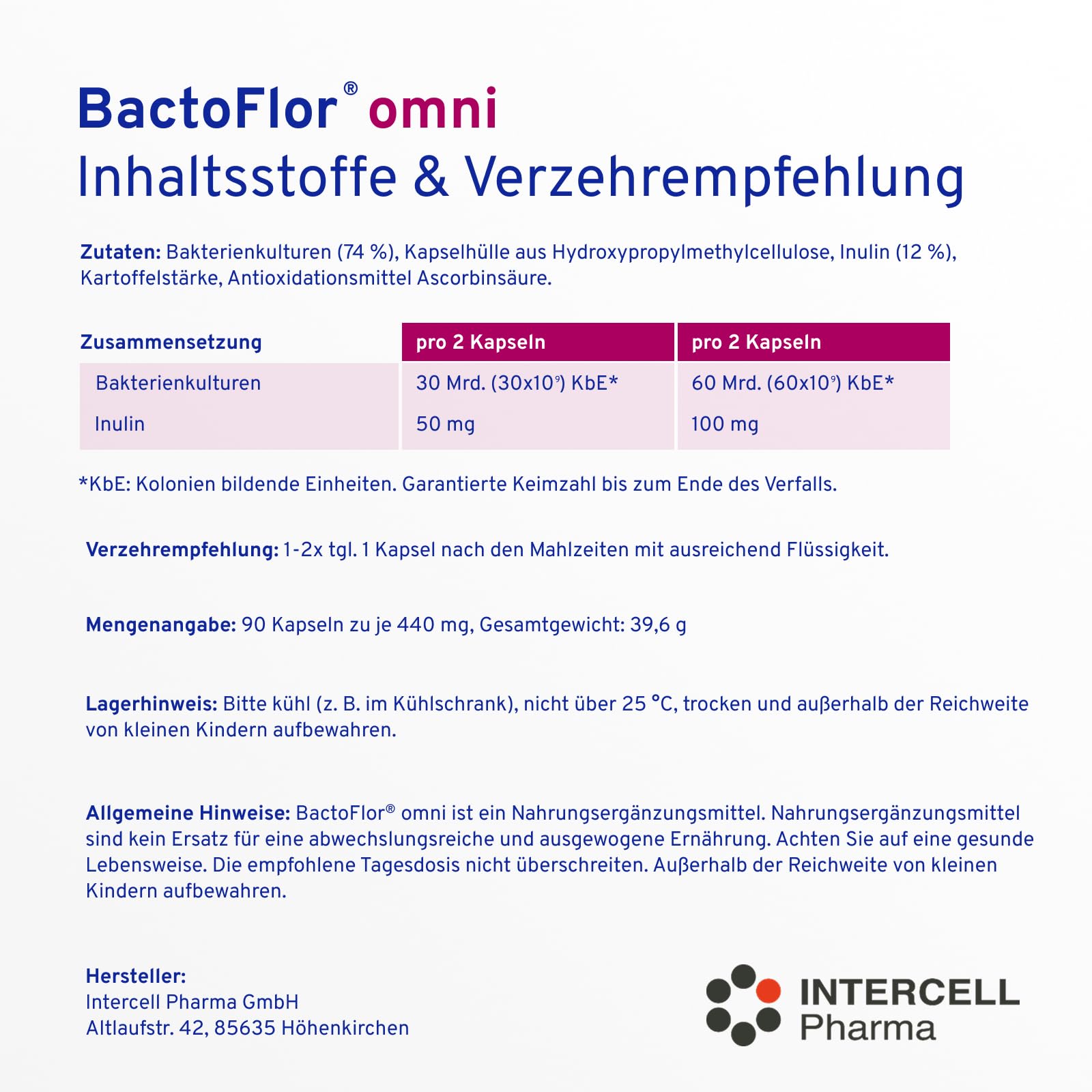 BactoFlor® omni - Probiotika mit 75 Bakterienkulturen hochdosiert (90 Kapseln) - Für den Aufbau des Darms mit den wichtigsten Milchsäurebakterien - 2.700 Mrd. KBE je Packung - laktosefrei + glutenfrei