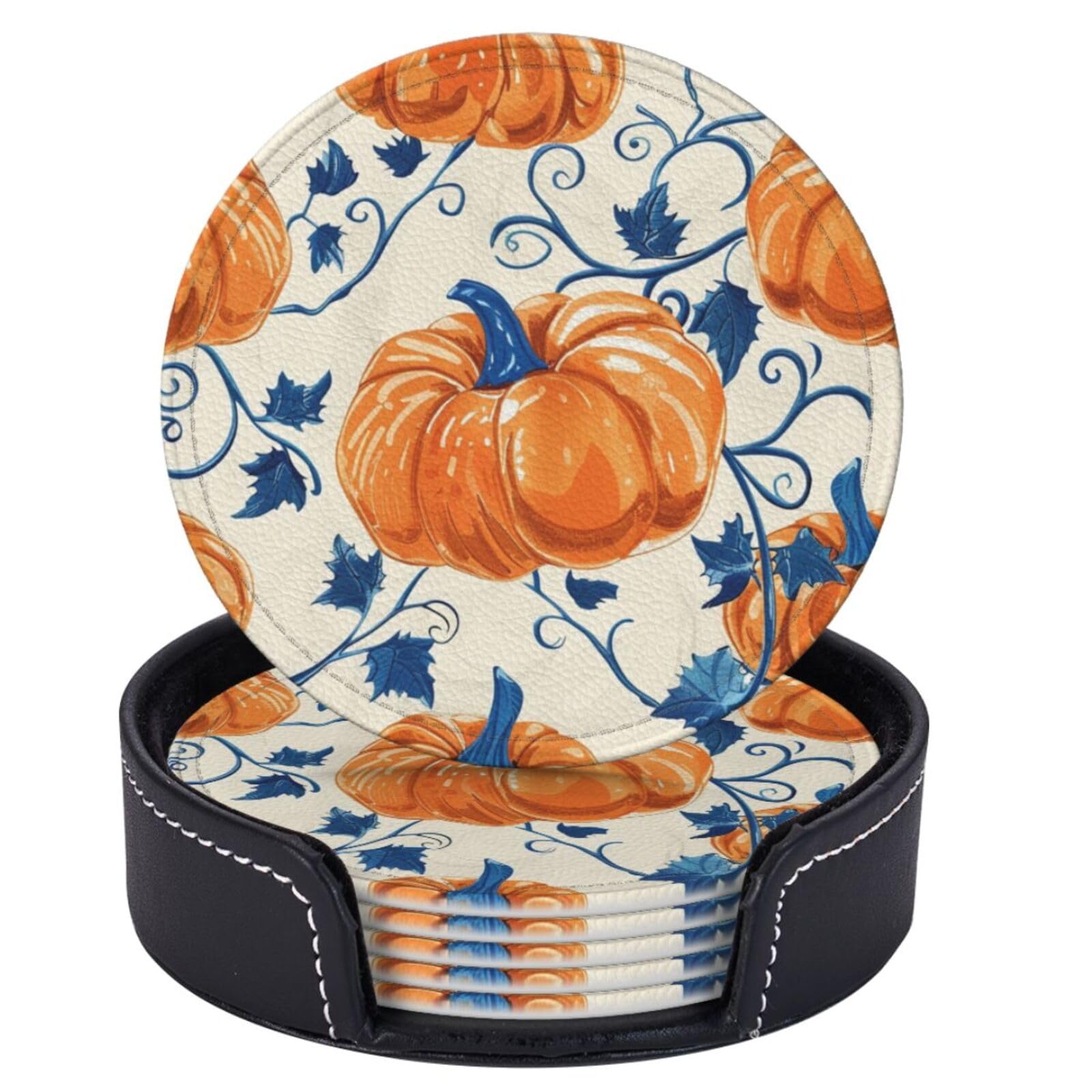 Dessous de verre ronds en cuir orange et bleu marine lot de 6