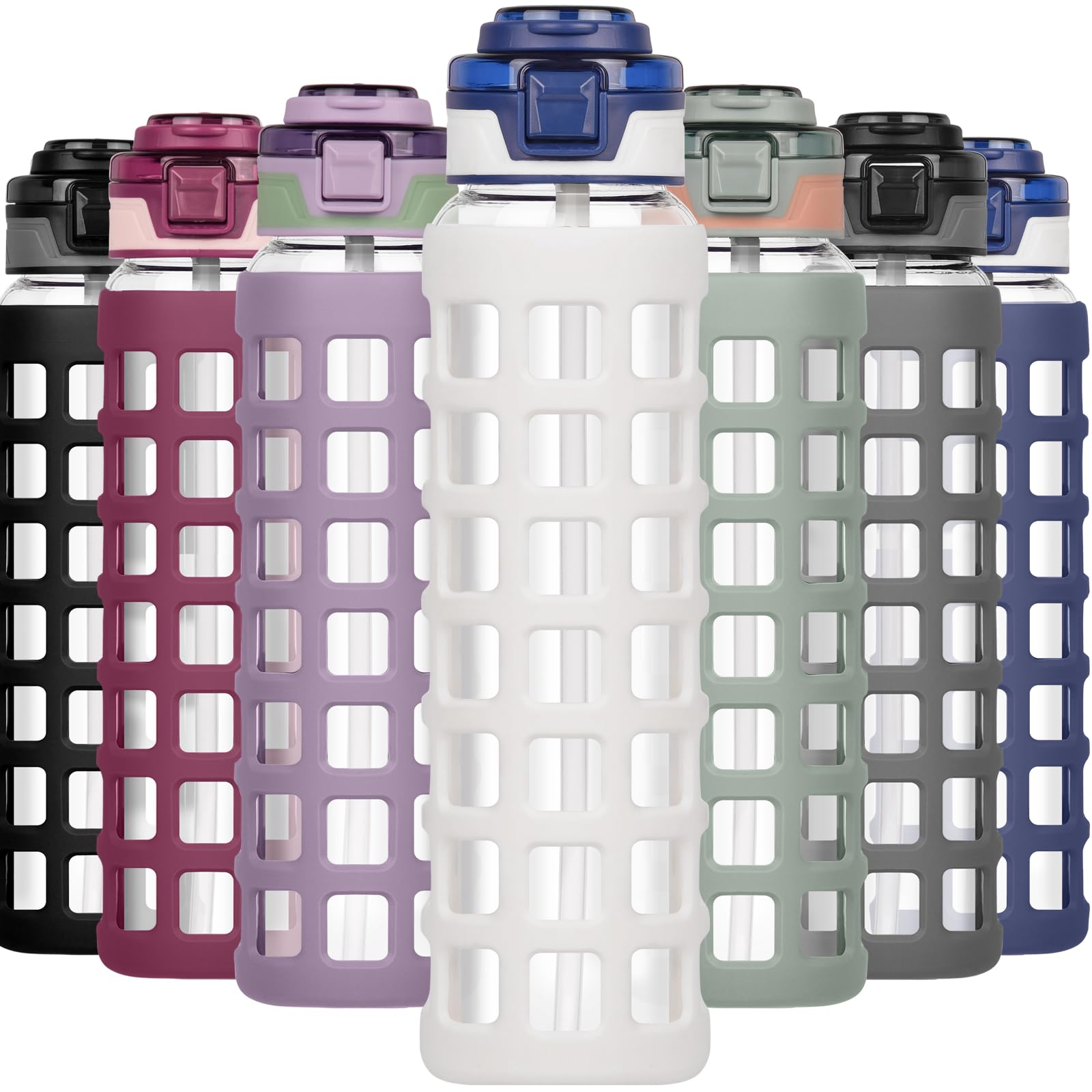 Ferexer Glass Water Bottle 1 litre / 660ml with Handle Straw Flip lids, leakproof, BPA free Water Bottle,Sustainable Borosilicate Glass, with Silicone Sleeve Sports Glass Drinking Bottle White