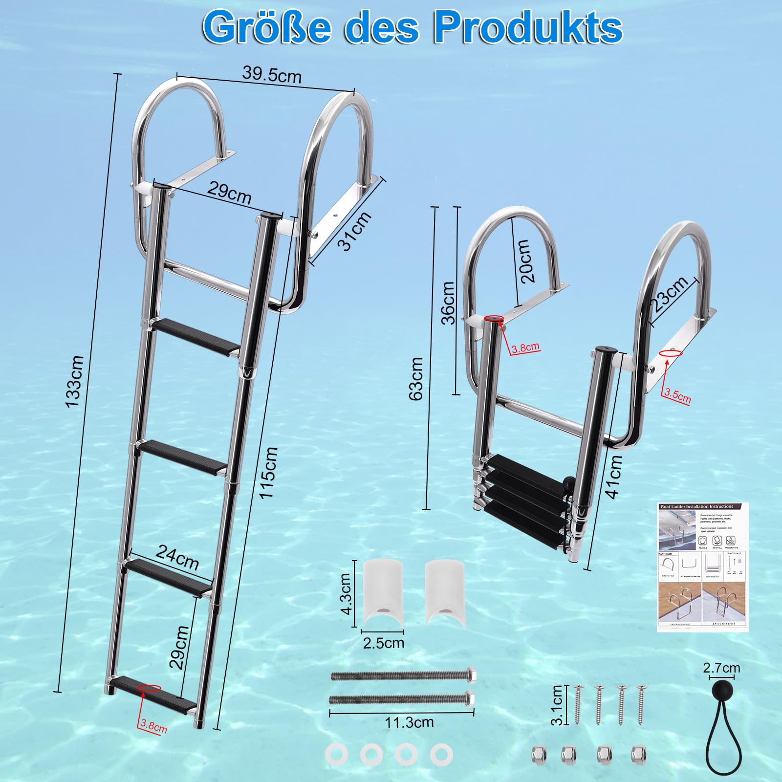 KAOLALI Bootleiter 4 Stufen Poolleiter Edelstahl, Badeleiter Boot Klappbar Teleskop mit Großen Handläufen Und Breiter Sprosse Tragkraft 227 kg für Schwimmbad Deck Boot