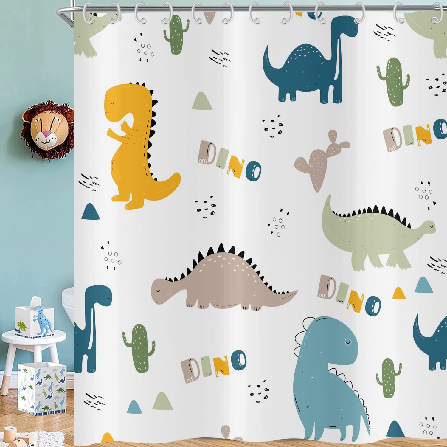 Hnmdmyi Cartoon Dinosaur Shower Curtain 200x180, Colorful Funny Animal Graffiti Cute Dino Children Kids Bathroom Curtains with Hooks Waterproof Polyester Fabric Washable Bath Curtains for Wet Room — image 1