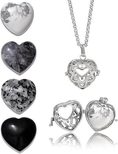 Raicegs Juego de collar de cristal curativo, collares de piedras de corazón para mujer, jaula de cordón y medallones, colgante de cristal real y