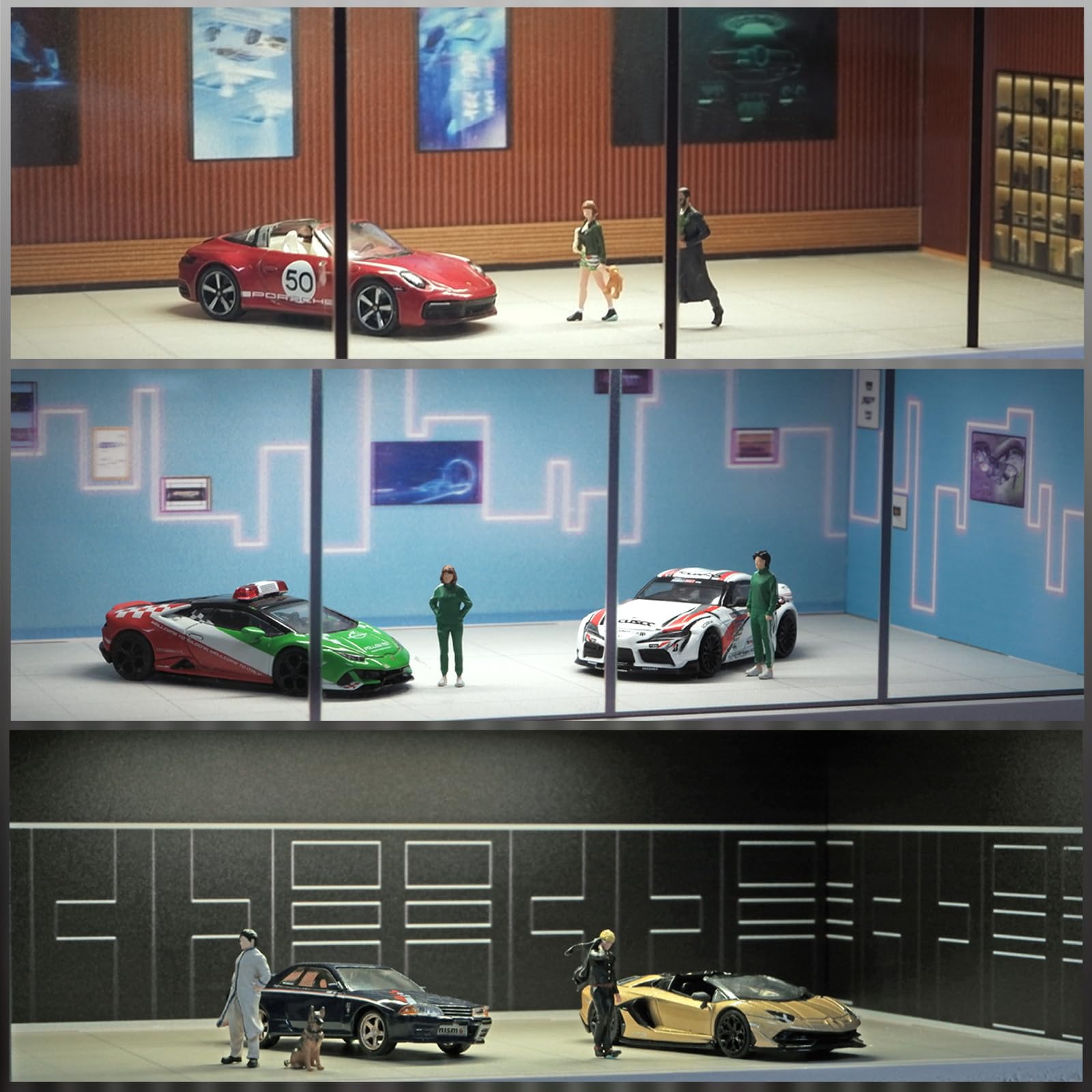Vitrine für Modellautos aus Druckguss Maßstab 1: 64 mit LED Licht und Acrylabdeckung, Szene, Parkplätze, Dioramen, Aufbewahrung, Garage, Box, Szene, Parkplätze, Dioramen