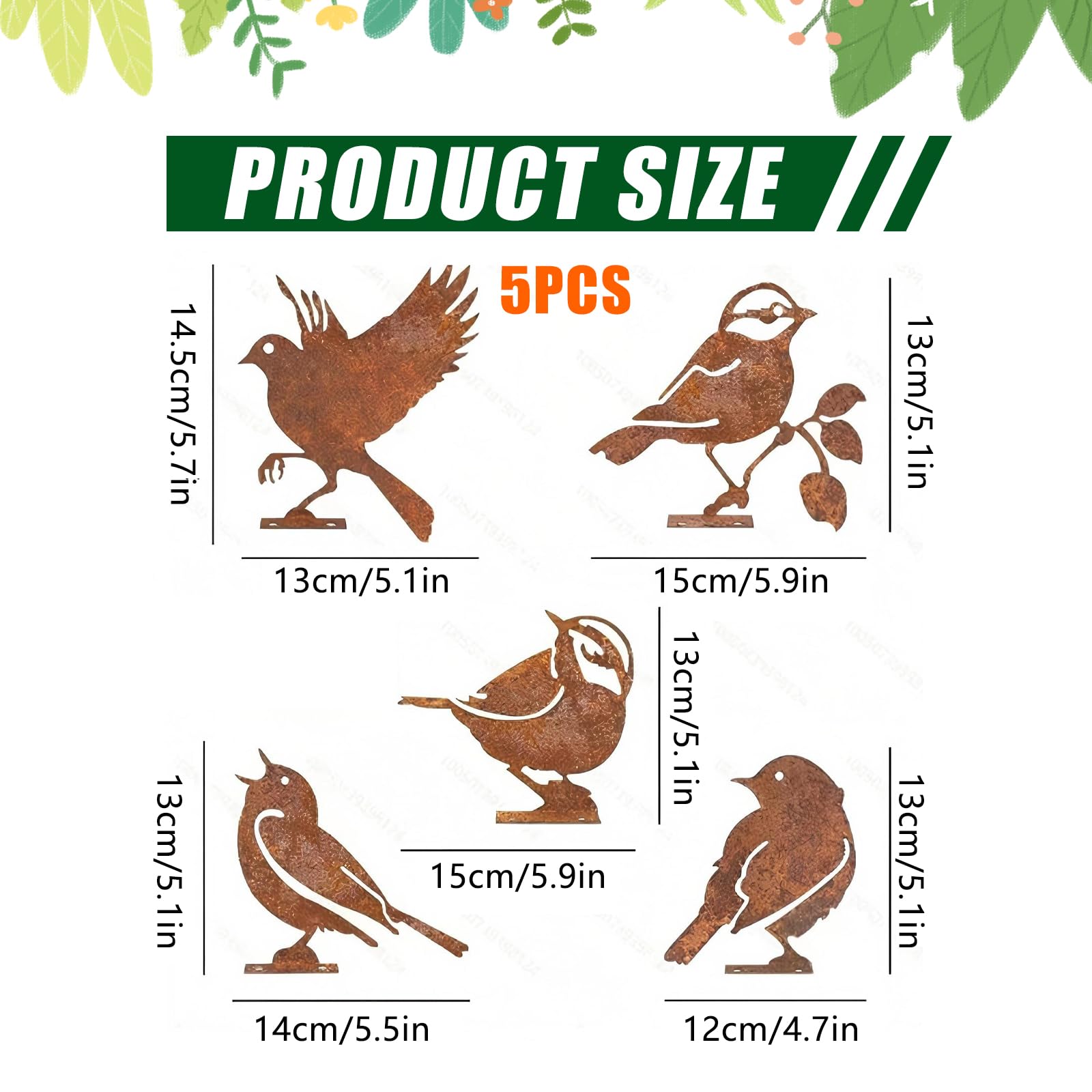 5 Pcs Metal Bird Garden Ornaments,Fence Toppers Rusty Birds Garden Decorations, Garden Fence Decorations - Image 2