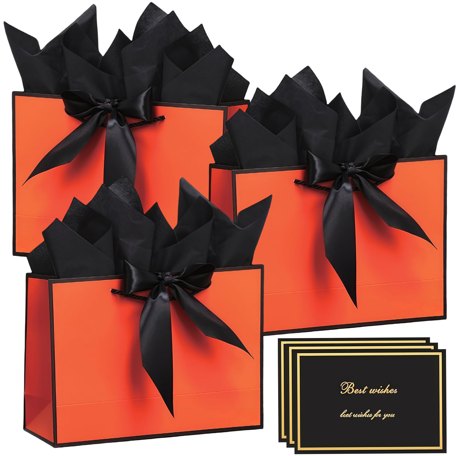 3 Pack Medium Gift Bags with Tissue Paper and Cards, Orange Black Paper Present Bags with Handles for Birthday Halloween Party Christmas G-ifts, 28 x 20 x 10 cm — image 1