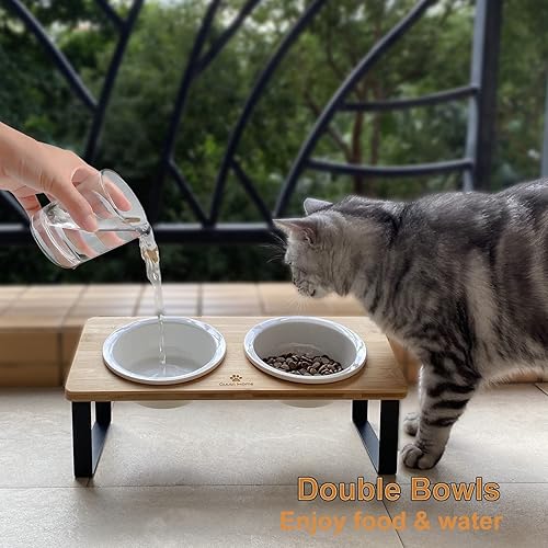 Miniatura 3 de Sunhoo Cuencos elevados de cerámica para gatos, platos elevados para cachorros para alimentos y agua, soporte de madera inclinado para gatos de