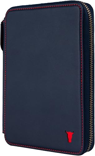 TORRO Cartera de viaje Organizador de viaje de cuero genuino con soporte para pasaporte y tarjetero desmontable, Azul marino con detalle rojo