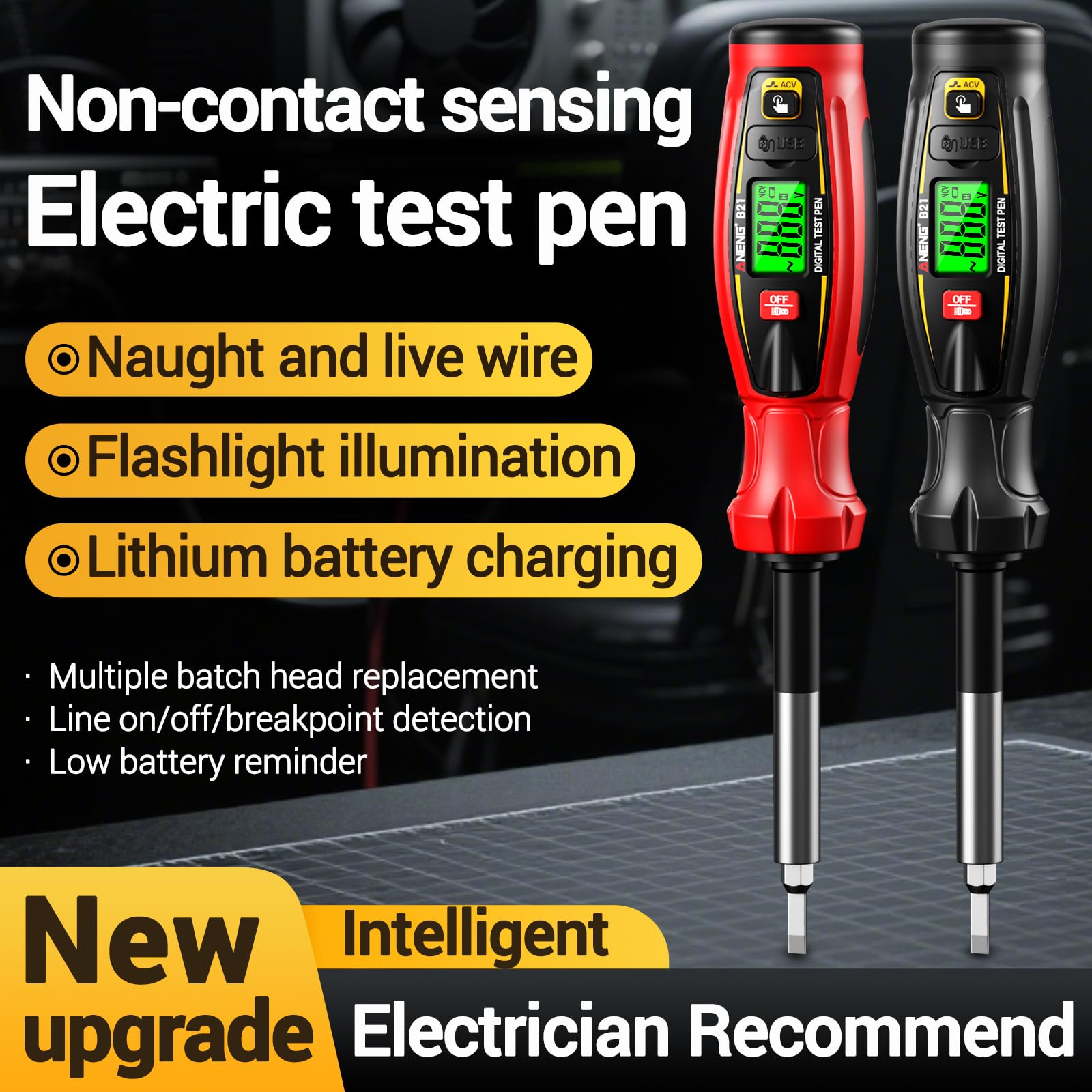 Digital Voltage Tester Pen, Non Contact Voltage Testing Pen Rechargeable AC Voltage 30V -1000V NCV Detection Replaceable 10 in 1 Batch Heads with LED Light (RED) — Amazon image 6
