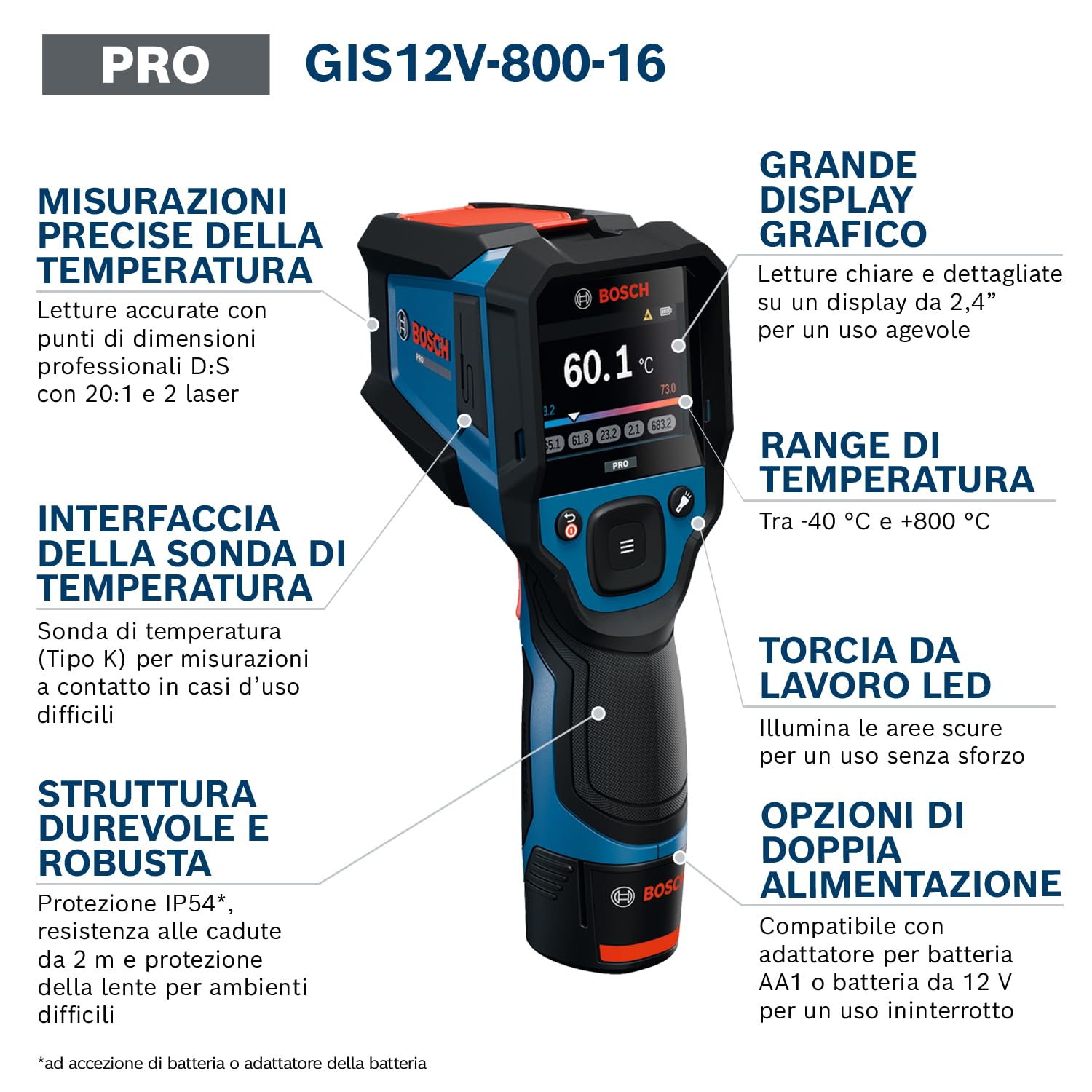 Bosch PRO Termometro a Infrarossi GIS12V‑800‑16 (grande display, interfaccia Tipo K con sonda di superficie, rapporto 20:1, IP54, incl. batteria e caricabatteria)
