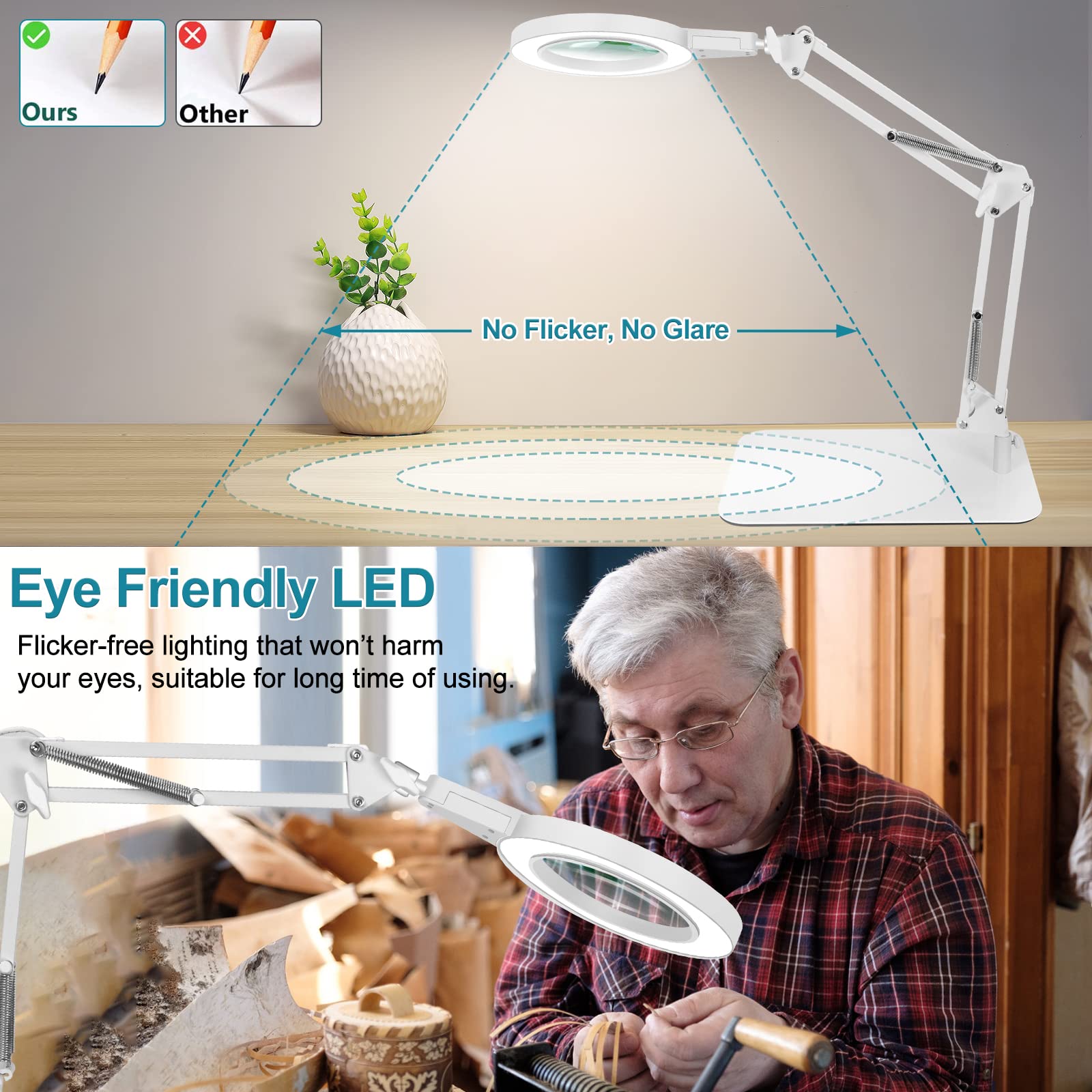 Lente d'Ingrandimento da 15X con Luce, Controllo Tattile, Lampada da Scrivania con Ampia Base e Morsetto, 3 Modalità di Colore Regolabili, Lente d'Ingrandimento con Luce per Hobby e Passatempi, Bianco