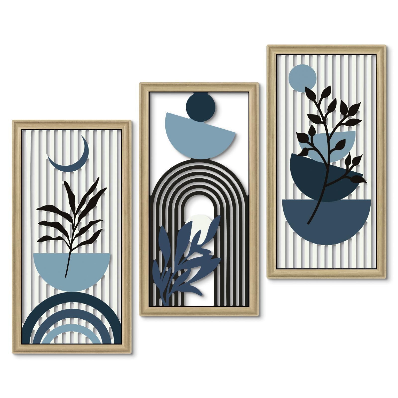 YunBey 3-Piece Mid-Century Modern Wall Decor Set, Framed Abstract Plant & Geometric Art Prints | High-Definition Printing, Solid Wood Frame Wall Art for Living Room, Bedroom, Dining Room