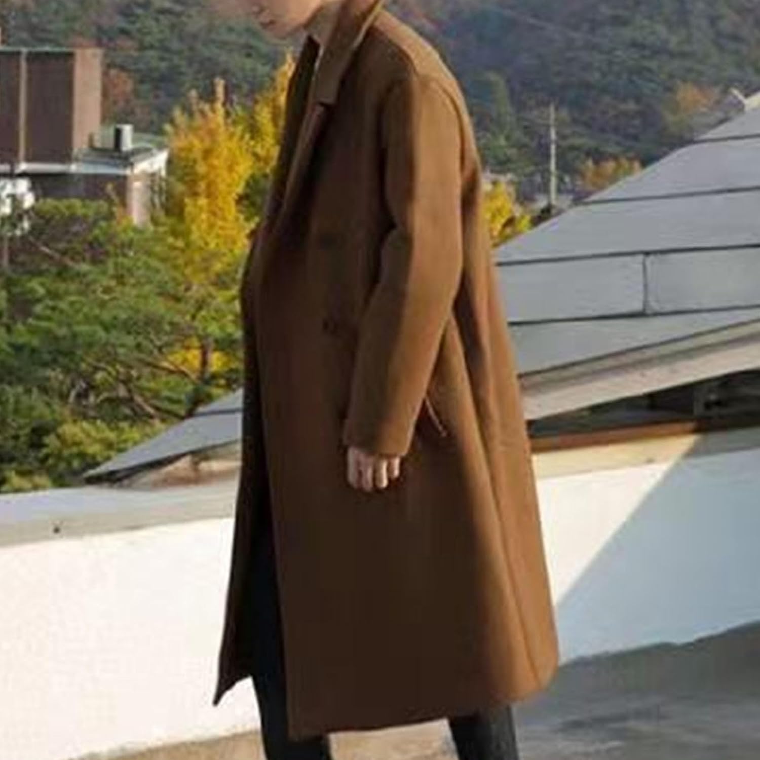 Men's Double Breasted Wool Blend Pea Coat Soft Warm Notched Collar Overcoat Classic Mid Long Trench Coat