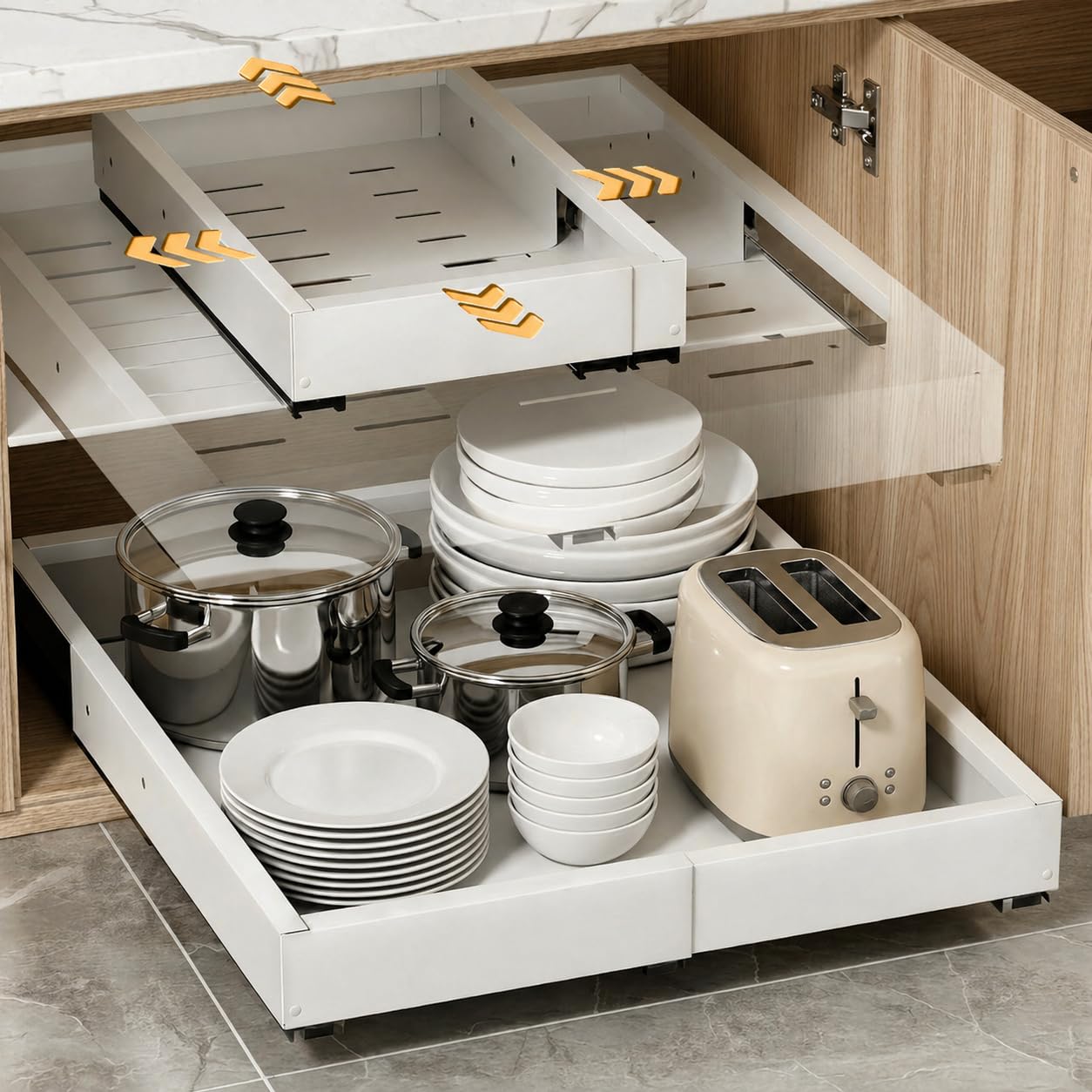 Cassetto Estraibile Cucina – Organizzatore Regolabile in 4 Direzioni, Larghezza 30-49,5 cm e Profondità 42-56 cm, Senza Trapano, Binari Scorrevoli Silenziosi – Ottimizza lo Spazio in Armadi e Dispensa
