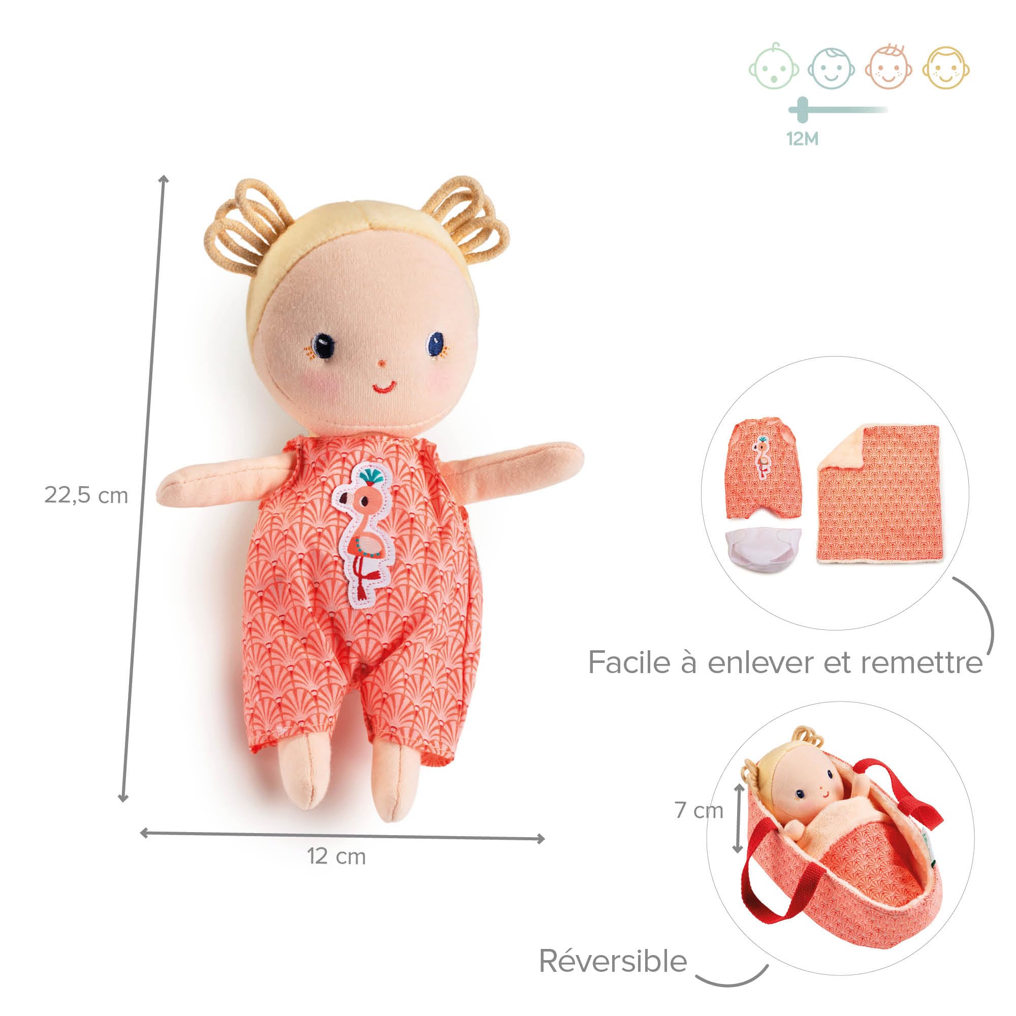LILLIPUTIENS - Bébé Anais avec couffin - Poupon en Tissu avec Accessoires - Stimule la motricité Fine, l’empathie et l’Imagination - Poupée réaliste 22cm éducative pour Enfants dès 12 Mois - 83131