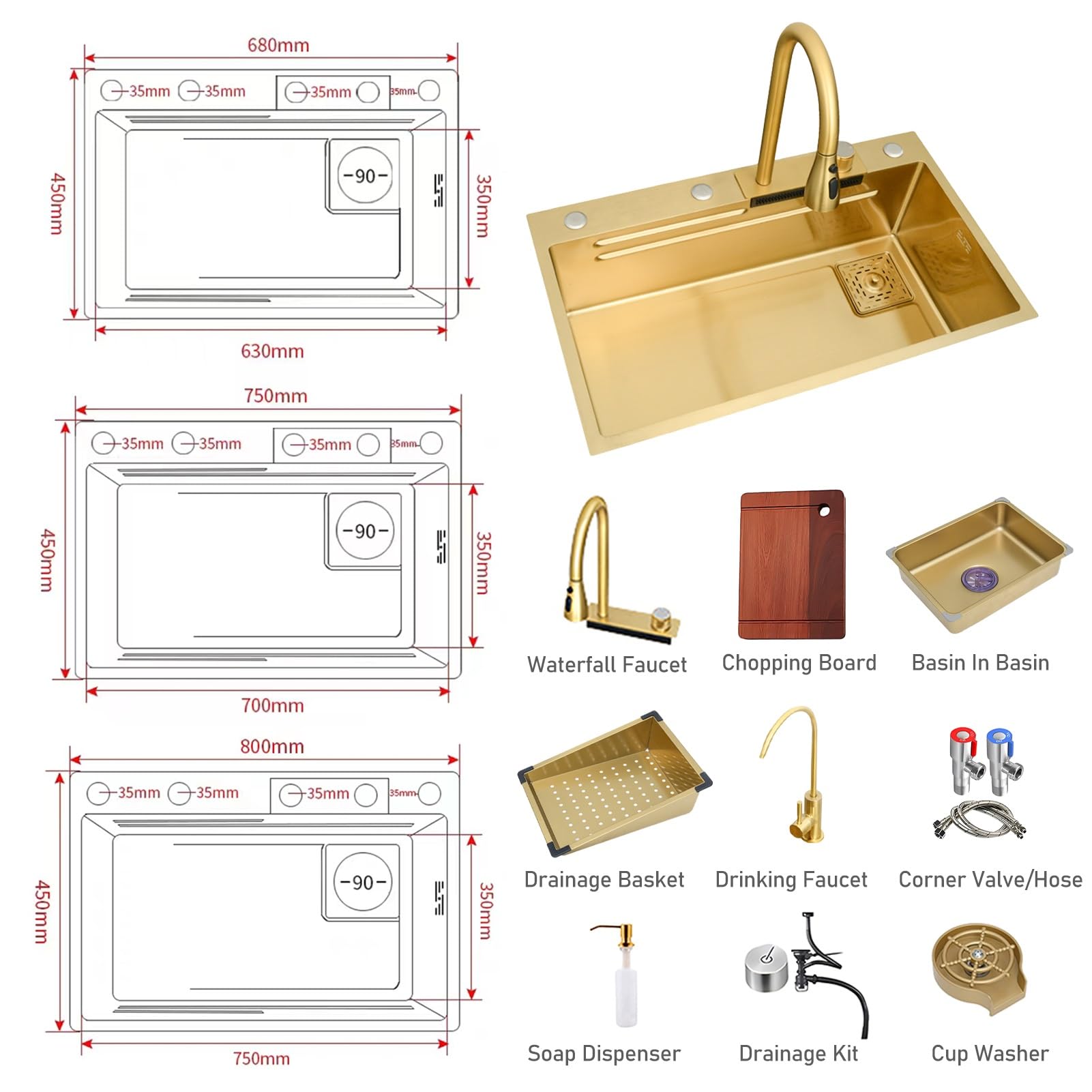 Multifunktionale Küchenspüle Aus Edelstahl Mit Wasserfall-Effekt, Große Arbeitsstationsspüle, Einzelbecken-Spüle Mit Aufsatzmontage, Mit Abflussknopf Und Komplettem Zubehör(Gold,68x45x22cm)