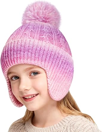 ZGDG Boys Girls Winter Beanie Hat with Earflaps Kids Warm Fleece Lined Knit Pom Hat for Toddler 3-12Y Cold Weather Cap