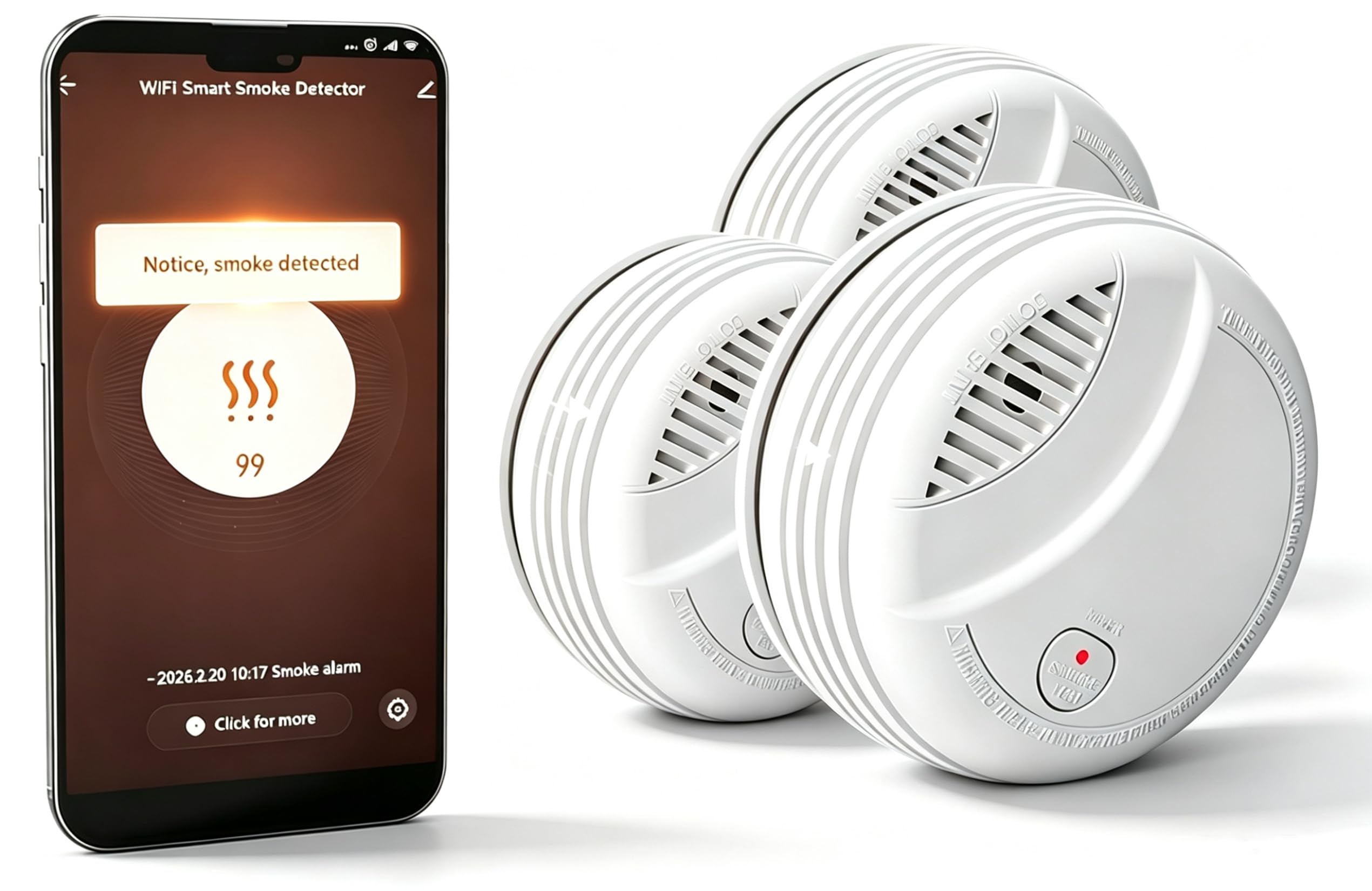Détecteur de Fumée WiFi Intelligent avec Batterie au Remplaçable, Notification d'App, Fonction silencieuse et Auto-Test, EN14604, Alarme 85 dB, Alarme Incendie WiFi Compatible avec Tuya/Smart Life APP