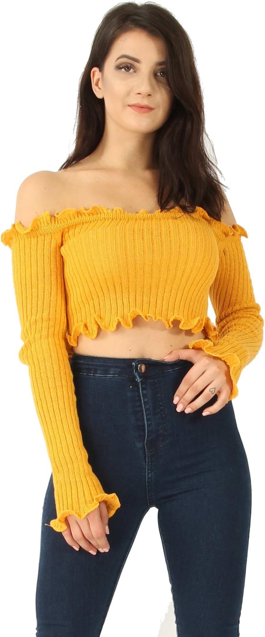 Missi London Women's Off Shoulder Long Sleeve Tank Ruffle Frill Bardot Crop Cut Out Tops Shirt Blouse Jumper Ribbed Sweater (M, Mustard)
