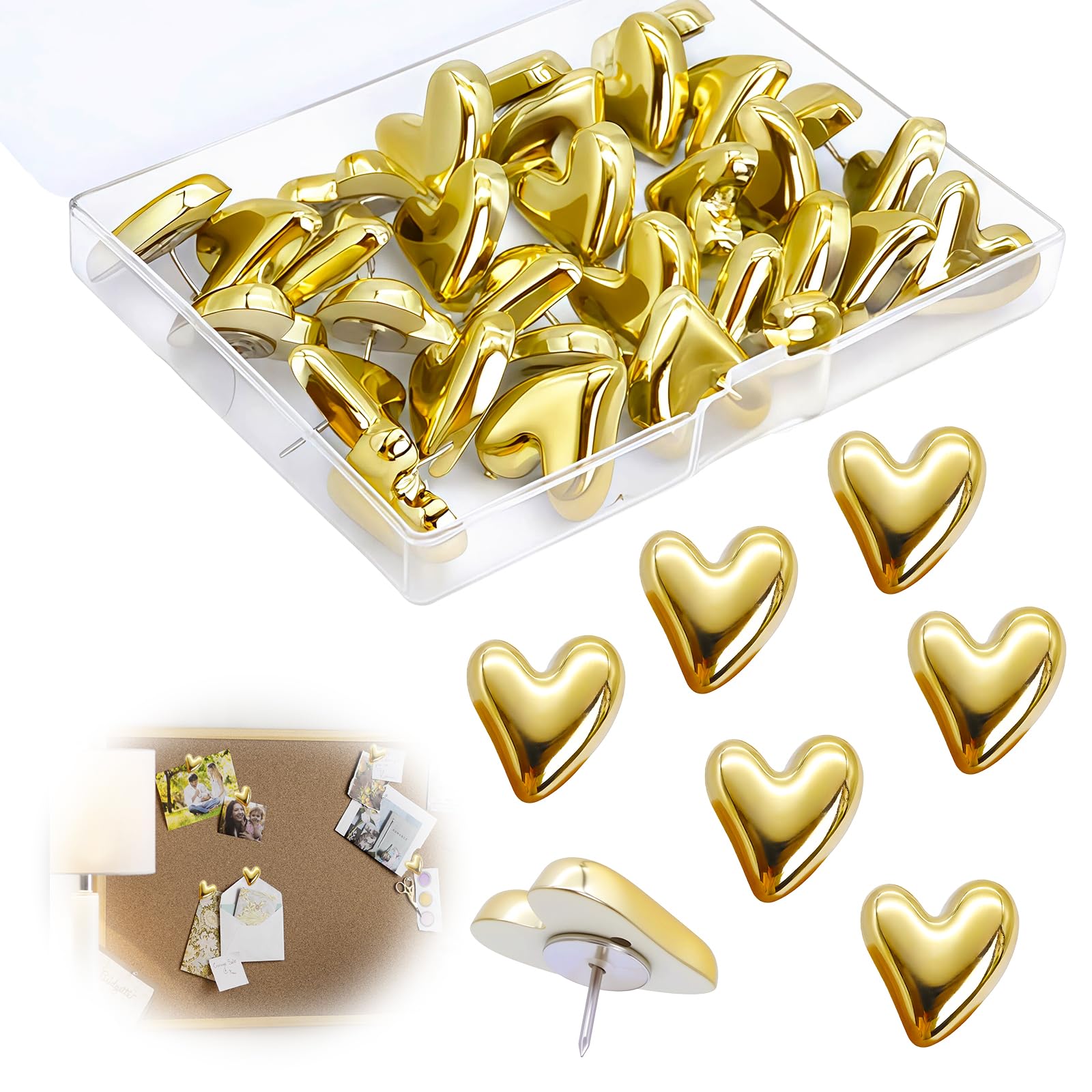 Push Pins Heart 30 Pcs, Cute Decorative Thumb Tacks Gold Pins for Pinboard Drawing Pins Notice Board Pin for Cork Boards Bulletin Boards Wall Home Office Posters Photos Postcards Maps Fixing