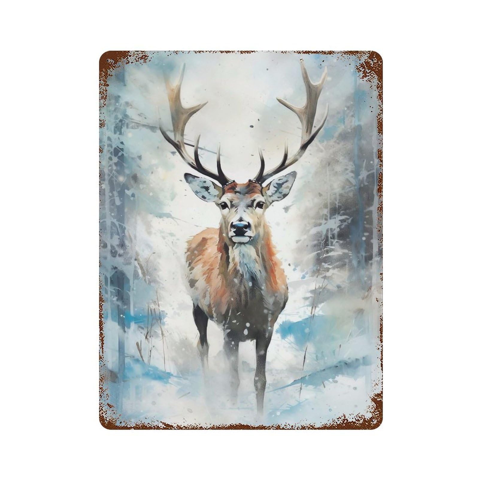 Snowy Deer Watercolor Distressed Metal Wall Sign 15.7"x11.8", Rustic Home Decor for Farmhouse, Kitchen And Entryway Decor