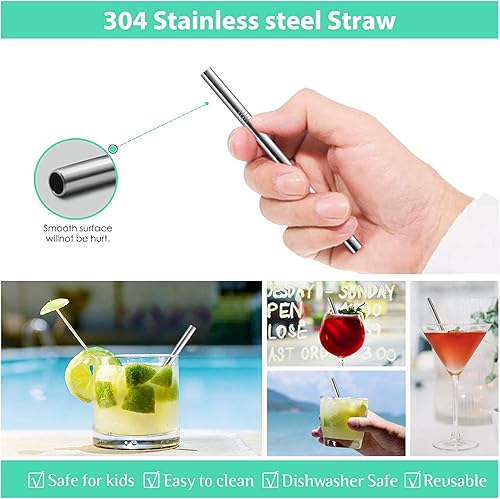 Miniatura 4 de Teivio Paquete de 12 + cepillo de limpieza, popotes de acero inoxidable reutilizables extra cortos de 5 pulgadas para cócteles, vasos pequeños o