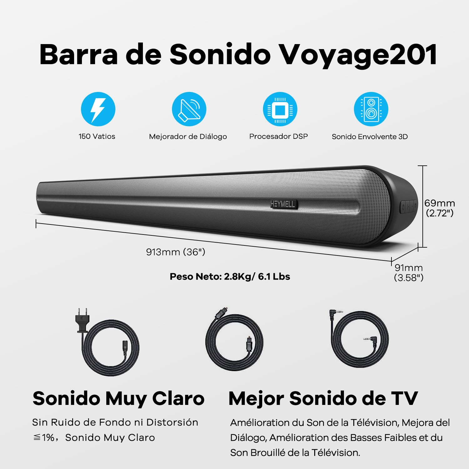 92cm 2.1ch Barra de Sonido TV con Subwoofer Integrado. 150W Altavoz de TV con Conexión HDMI ARC Mejorada, Bluetooth Óptico Auxiliar. Montable en Pared.